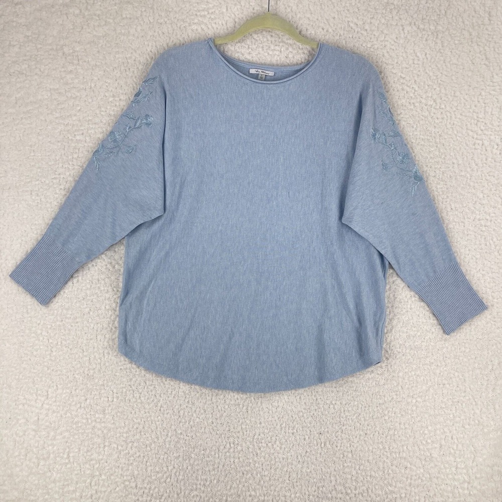 Vila Milano Blue Knit Pullover Shirt Womens Embroidered 3/4 Sleeve Size Large